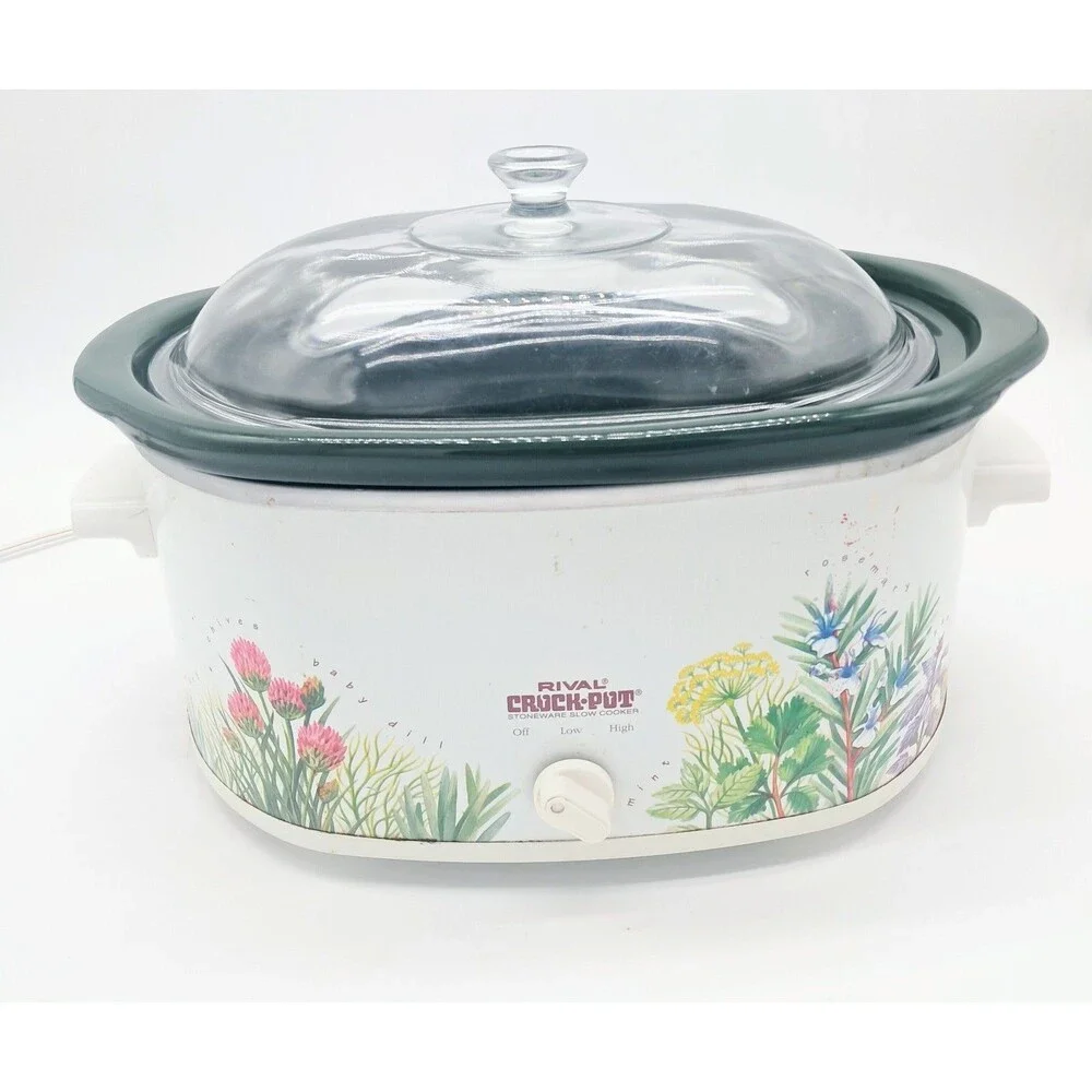 Vintage Rival Crock Pot 3755 Slow Cooker 5.5 Qt Oval Herb Garden Stoneware